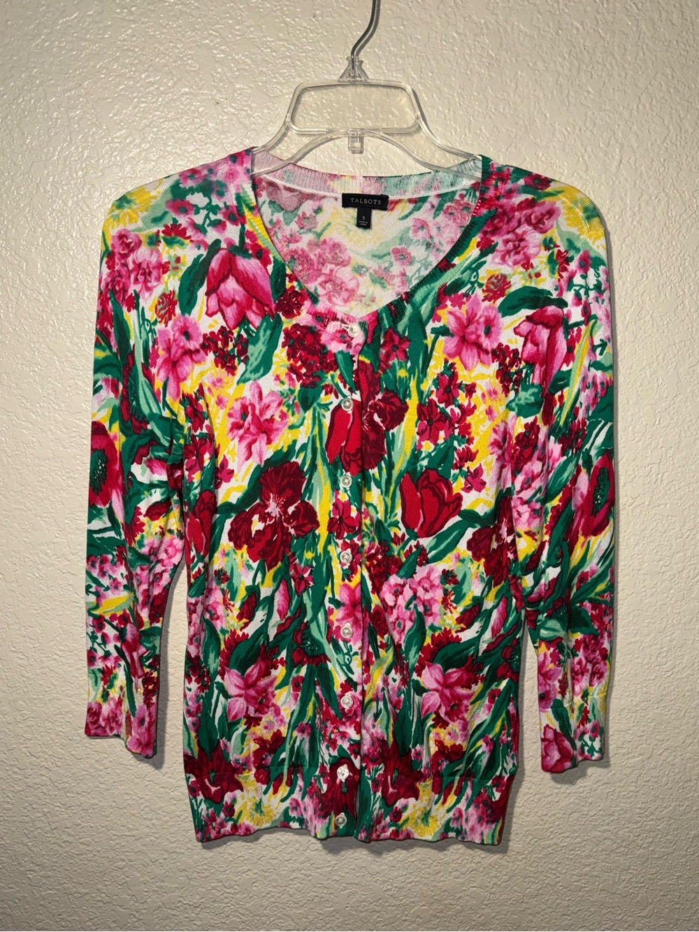 Talbots Small Floral Cardigan Pink Green Button Front Sweater